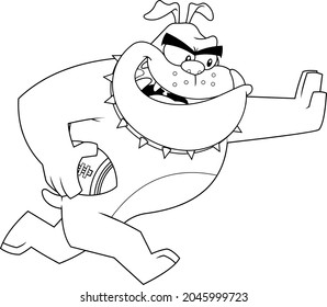 Outlined Bulldog Cartoon Character Football Player Running. Vector Hand Drawn Illustration Isolated On Transparent Background