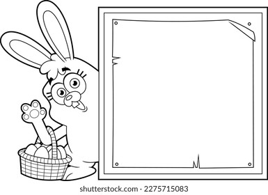 Outlined Bunny Cartoon Character With Basket Of Easter Eggs Waving Behind Sign. Vector Hand Drawn Illustration Isolated On Transparent Background