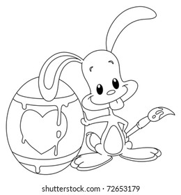 Outlined bunny and his Easter egg. Vector line art illustration coloring page.