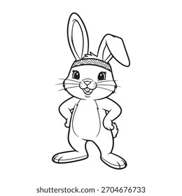 An outlined bunny with a patterned headband, standing with a cheerful expression.