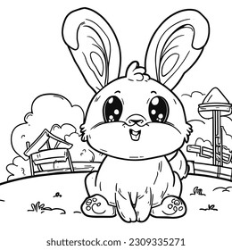 Outlined bunny presenting. Vector illustration coloring page.