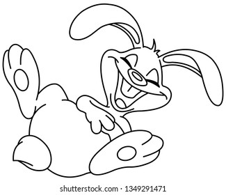Un conejito delineado rodando en el suelo riendo. Página de coloreado de ilustraciones de líneas vectoriales.