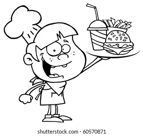 Outlined Burger Boy Holding Up A Cheeseburger