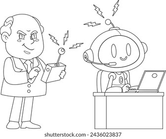 Outlined Business Boss Man Cartoon Character Using Remote To Enable AI Robot Control. Vector Hand Drawn Illustration Isolated On Transparent Background