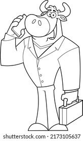 Outlined Business Bull Cartoon Character Talking On A Phone. Vector Hand Drawn Illustration Isolated On White Background
