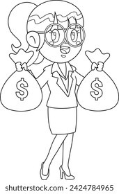 Outlined Business Woman Cartoon Character Holding Dollar Money Bags. Vector Hand Drawn Illustration Isolated On Transparent Background