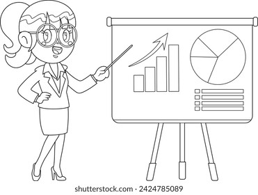 Outlined Business Woman Cartoon Character Pointing Progressive Pie Chart On A Board. Vector Hand Drawn Illustration Isolated On Transparent Background