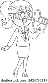 Outlined Business Woman Cartoon Character Showing Number One With Foam Finger. Vector Hand Drawn Illustration Isolated On Transparent Background