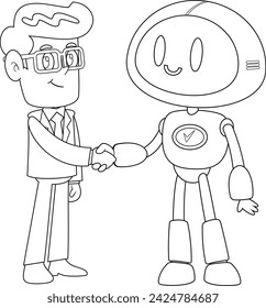 Outlined Businessman And AI Robot Cartoon Characters Shaking Hands At Meeting. Vector Hand Drawn Illustration Isolated On Transparent Background