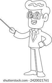 Outlined Businessman Cartoon Character Gesturing With A Pointer Stick. Vector Hand Drawn Illustration Isolated On Transparent Background
