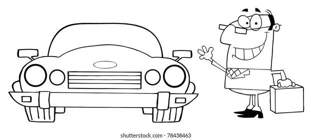 Outlined Businessman And Convertible Car