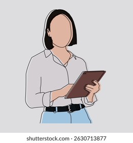 Empresária delineada usando tablet com cores, profissional feminina estilizada com dispositivo digital e destaques