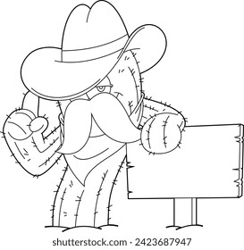 Outlined Cactus Cowboy Cartoon Character With Wooden Blank Sign. Vector Hand Drawn Illustration Isolated On Transparent Background