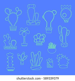 Outlined cactus set. Doodle succulents in pots. Hand-drawn ice mint cactus vector illustration on blue background. Home flower icons. Cute cactus line art. House floral decor cacti clipart isolated