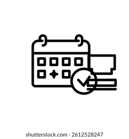 Outlined calendar icon with a checkmark represents scheduled events or completed tasks great for planning content Use this for web or app design.