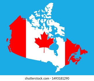 Outlined Canada map country silhouette in national Canadian flag colors and with maple leaf vector drawing template for your design.