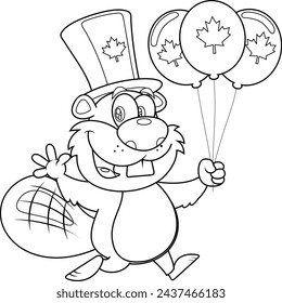 Outlined Canadian Beaver Cartoon Character Running With Balloon For Happy Canada Day. Vector Hand Drawn Illustration Isolated On Transparent Background