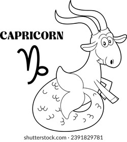 Outlined Capricorn Cartoon Character Horoscope Zodiac Sign. Vector Hand Drawn Illustration Isolated On Transparent Background