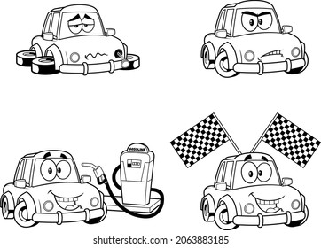Outlined Car Cartoon Character Poses. Vector Hand Drawn Collection Set Isolated On White Background