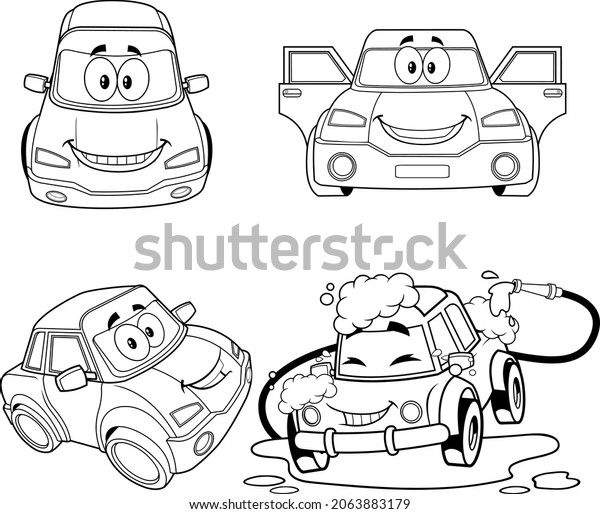 Outlined Car Cartoon\
Character Poses. Vector Hand Drawn Collection Set Isolated On White\
Background