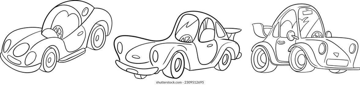 Poses de caracteres de dibujos animados de autos delineados. Conjunto De Colección De Dibujo A Mano Del Vector Aislado En Fondo Blanco. Estilo Doodle. Colección de coches para niños libro de colorantes de actividad Ilustración vectorial.