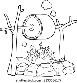 Cartoon Camp Feuer mit Flammen und Grillfleisch. handgezeichnete Vektorgrafik einzeln auf weißem Hintergrund