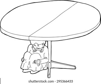 Outlined Cartoon Of Child Weeping Under Table