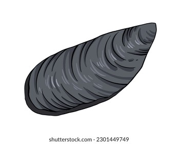 Outlined cartoon closed black mussels sea food vector illustration isolated on horizontal landscape white colored template. Simple flat art styled shellfish.