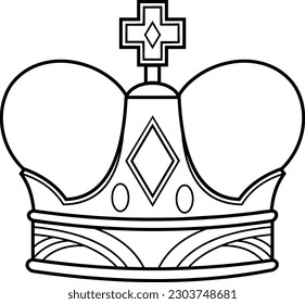 Outlined Cartoon Crown With Diamonds And Cross. Vector Hand Drawn Illustration Isolated On Transparent Background