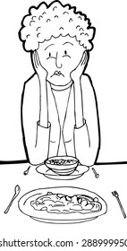 Outlined cartoon of depressed woman having dinner for two