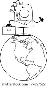 Outlined Cartoon Doodle Businessman Holding A Thumb Up On Earth