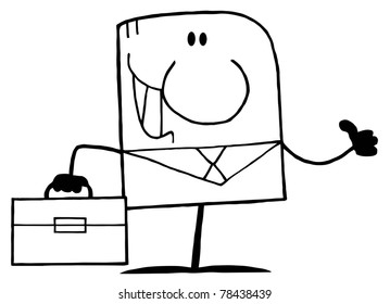 Outlined Cartoon Doodle Happy Businessman Holding A Thumb Up