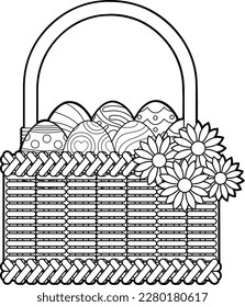 Caricatura Esbozada Cesta De Pascua Con Huevos Y Flores De Colores. Ilustración dibujada a mano vectorial aislada en fondo transparente