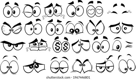 Outlined Cartoon Funny Eyes. Vector Collection Set Isolated On White Background