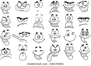 Outlined Cartoon Funny Faces. Vector Collection Set Isolated On White Background