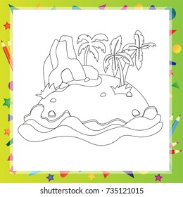 Outlined Cartoon Island With Palm Tree and rock