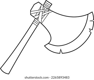 Outlined Cartoon Medieval Axe Weapon. Vector Hand Drawn Illustration Isolated On Transparent Background