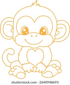 Outlined cartoon monkey with heart-shaped chest and big eyes, si
