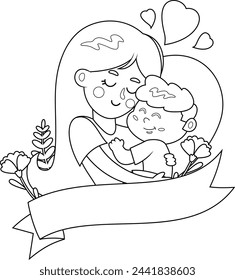 Outlined Cartoon Mother's Day Banner Template, Mother Embracing A Son. Vector Hand Drawn Illustration Isolated On Transparent Background