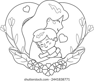 Outlined Cartoon Mother's Day Banner Template, Mother Embracing A Son. Vector Hand Drawn Illustration Isolated On Transparent Background