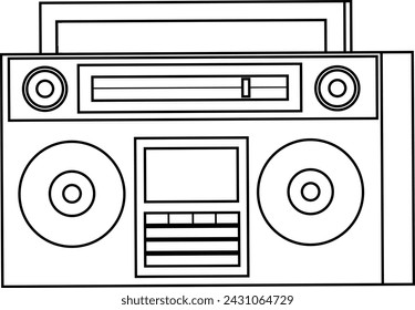 Outlined Cartoon Old Style Music Boombox. Vector Hand Drawn Illustration Isolated On Transparent Background