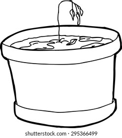 Outlined cartoon over-watered houseplant with wilted seedling