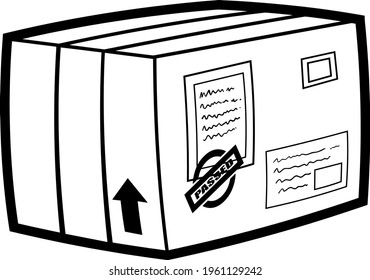 Outlined Cartoon Postal Brown Paper Cardboard Box Sealed With Tape. Vector Hand Drawn Illustration Isolated On Transparent Background