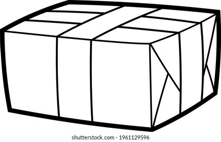 Outlined Cartoon Postal Brown Paper Cardboard Box Sealed With Tape. Vector Hand Drawn Illustration Isolated On Transparent Background