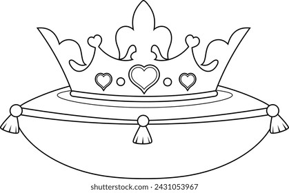 Outlined Cartoon Princess Crown On A Pillow. Vector Hand Drawn Illustration Isolated On Transparent Background