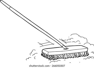 Outlined cartoon push broom sweeping dust over white