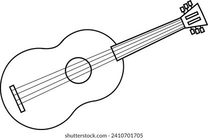 Outlined Cartoon Realistic Wooden Acoustic Guitar. Vector Hand Drawn Illustration Isolated On Transparent Background