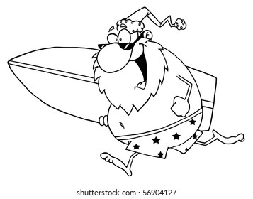 Outlined Cartoon Santa Surfer