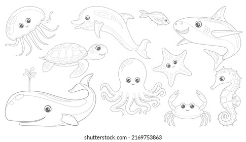 Animales marinos dibujados en dibujos animados. Página de coloreado de cangrejo, pez, medusa, tortuga, pez estrella, caballito de mar, delfín, pulpo y tiburón divertidos. Ilustración plana vectorial aislada en blanco.