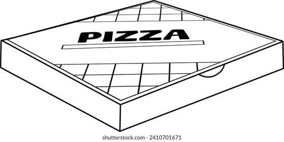 Outlined Cartoon Square Carton Pizza Box. Vector Hand Drawn Illustration Isolated On Transparent Background